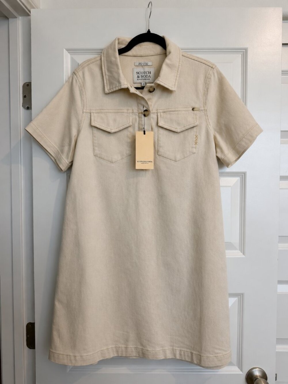 NWT Scotch & Soda Cream Short Sleeve Denim Shirt Dress Size Medium
